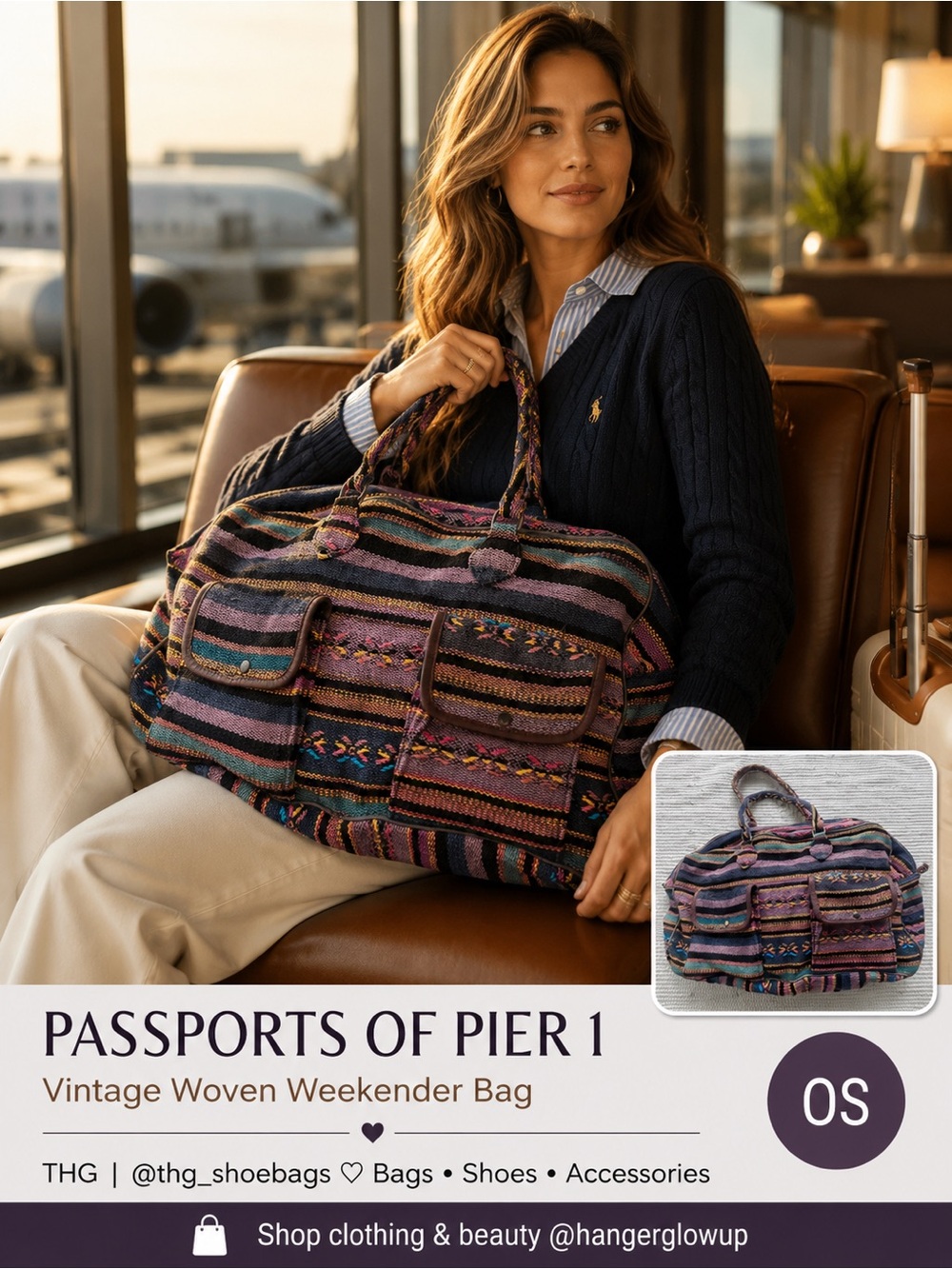 Vintage Pier 1 Woven Weekender Duffel Bag Boho Stripe Travel Tote India